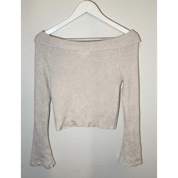 My Mum Made It Beige Off Shoulder Bell Sleeve Cropped Sweater Size Small Medium - Picture 2 of 4